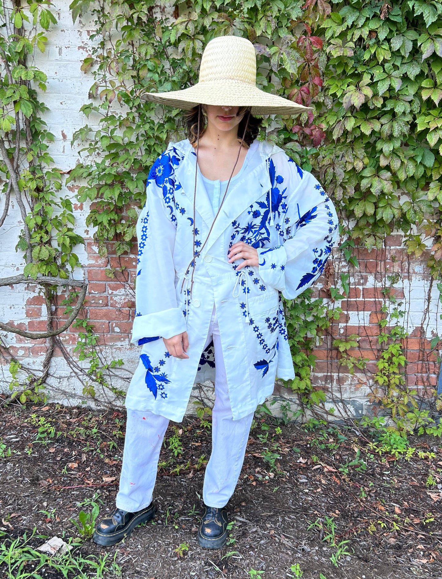 "Giant Peonies" Parka - White/Blue