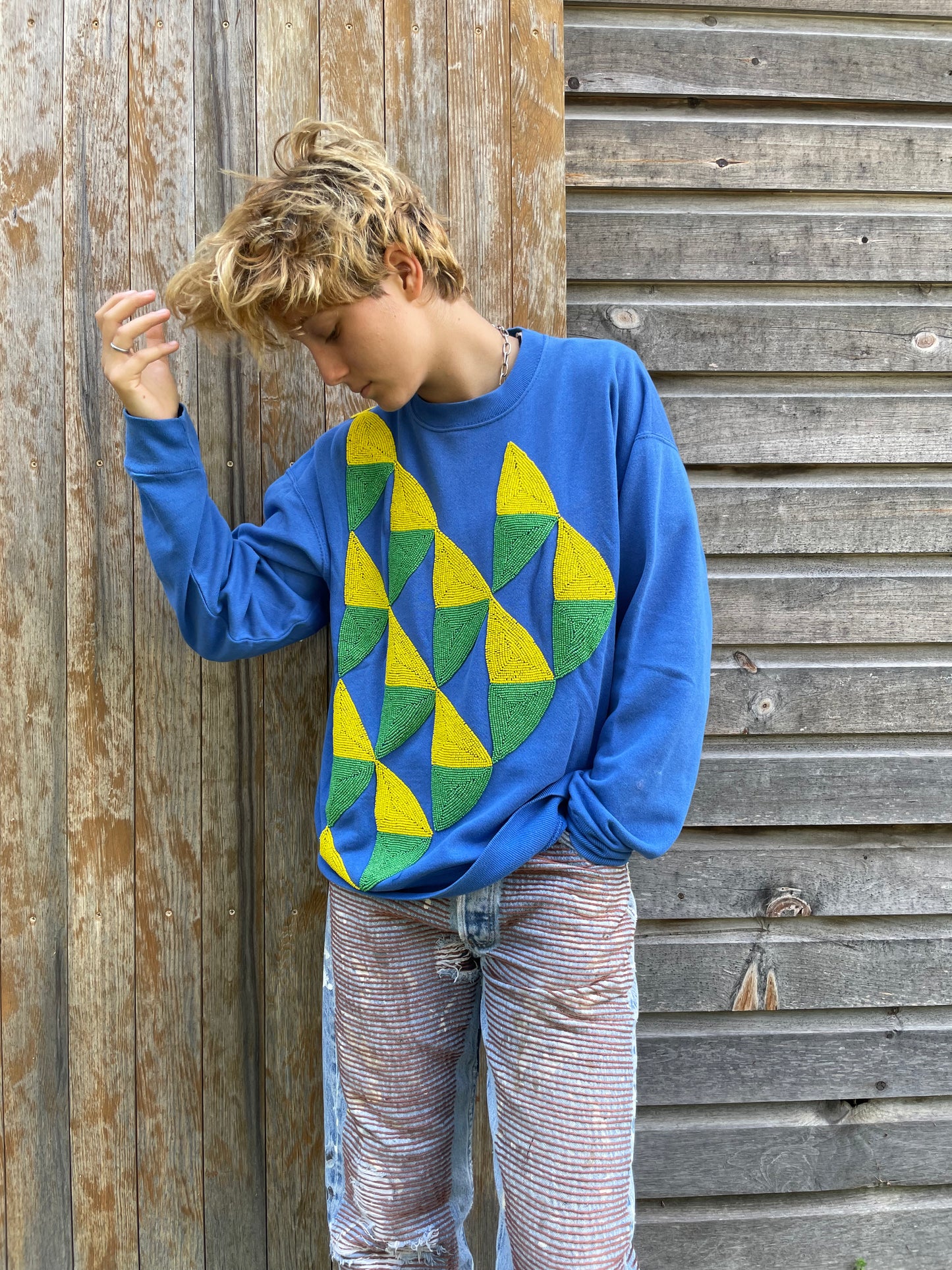 "Triangles" Sweatshirt - Blue/Multi/Beads