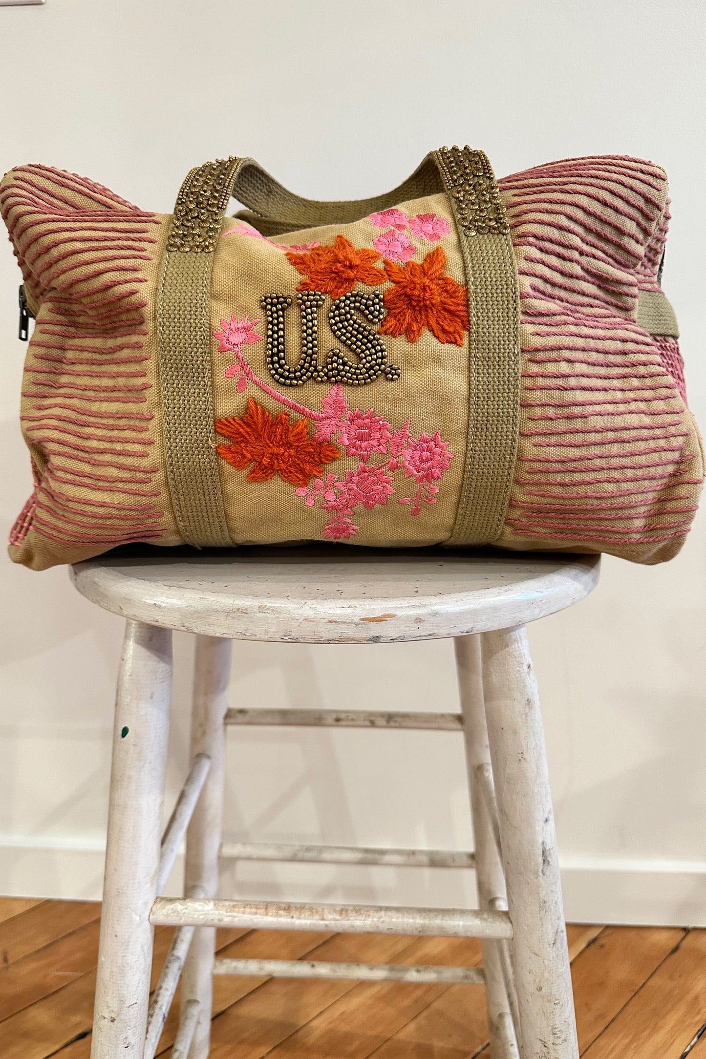 “Rope Flora” Small Bag - Tan/Pink