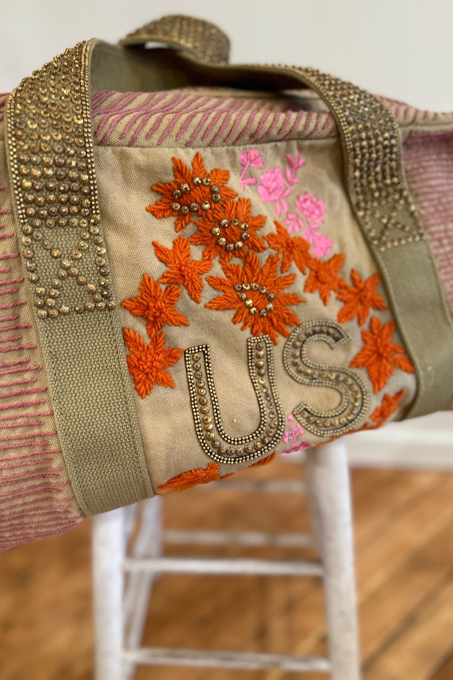 “Rope Flora” Large Bag - Tan/Pink