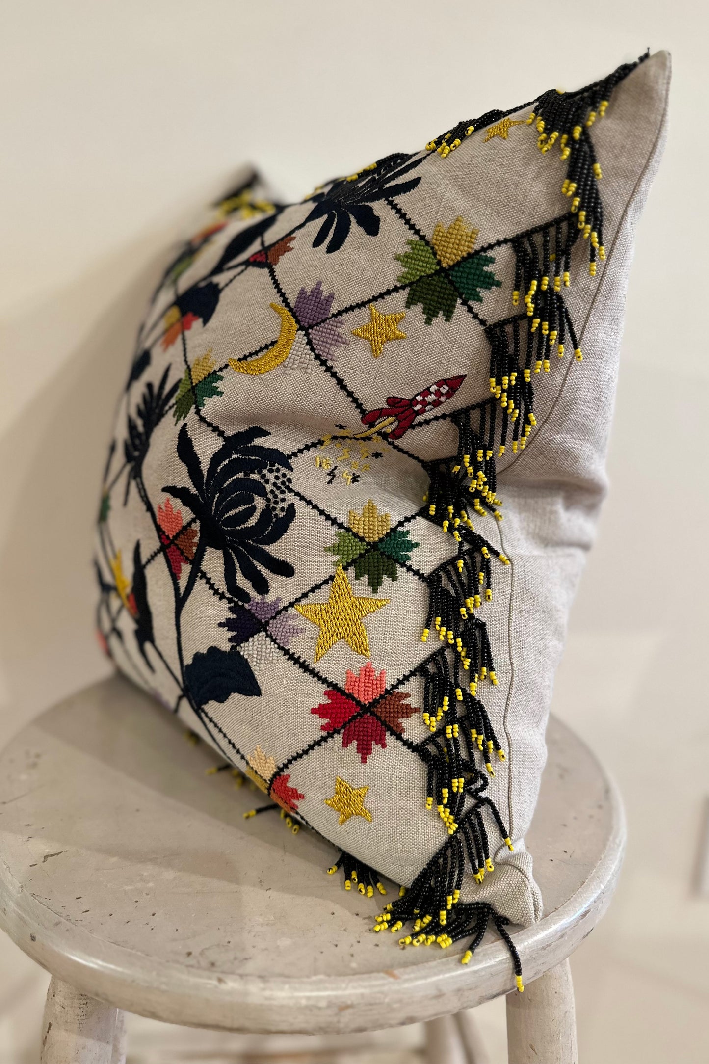 "Beaded Fringe Flowers" Pillow - Natural/Multi
