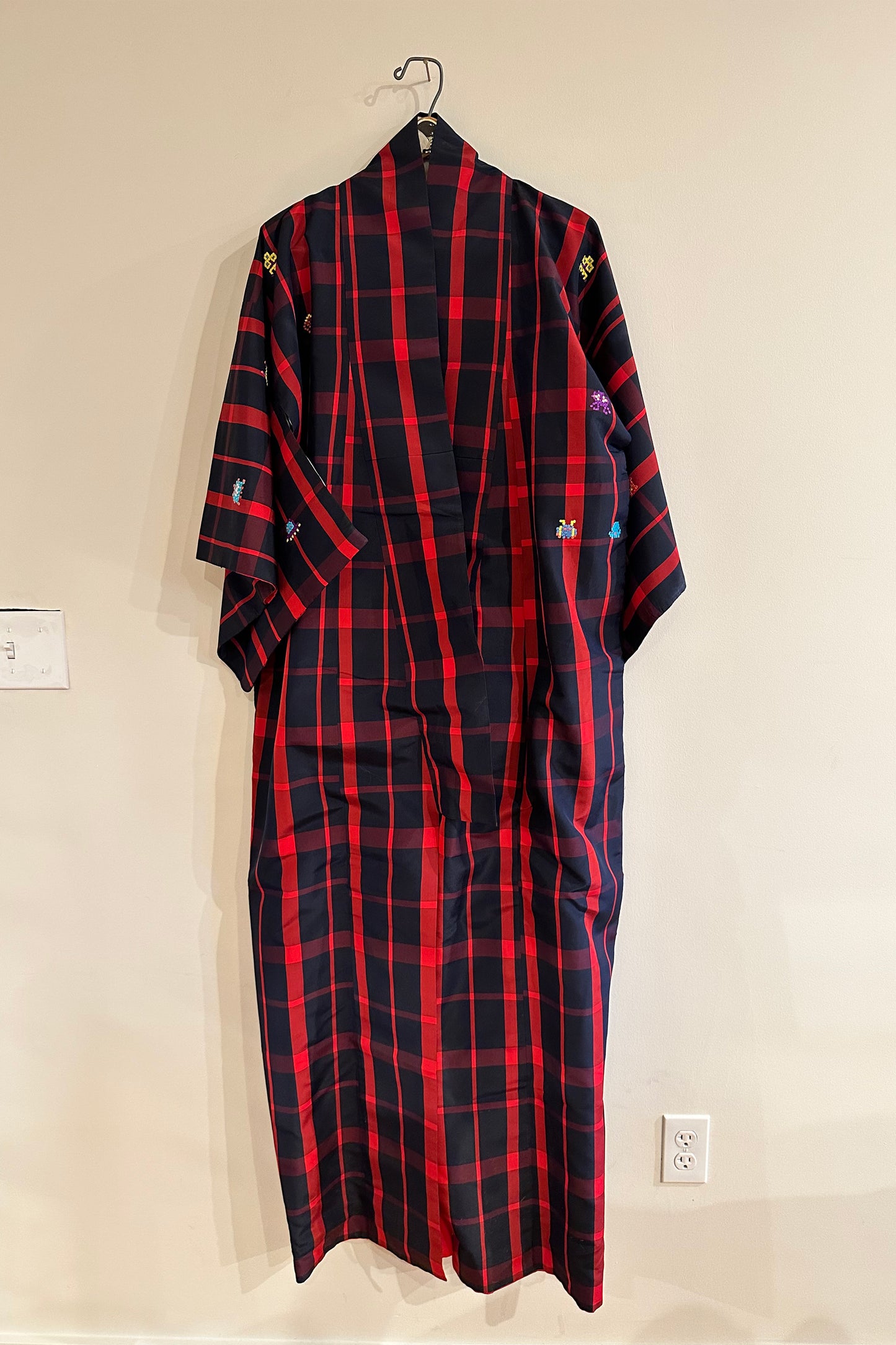 "Space Invaders" Black and Red Plaid Kimono