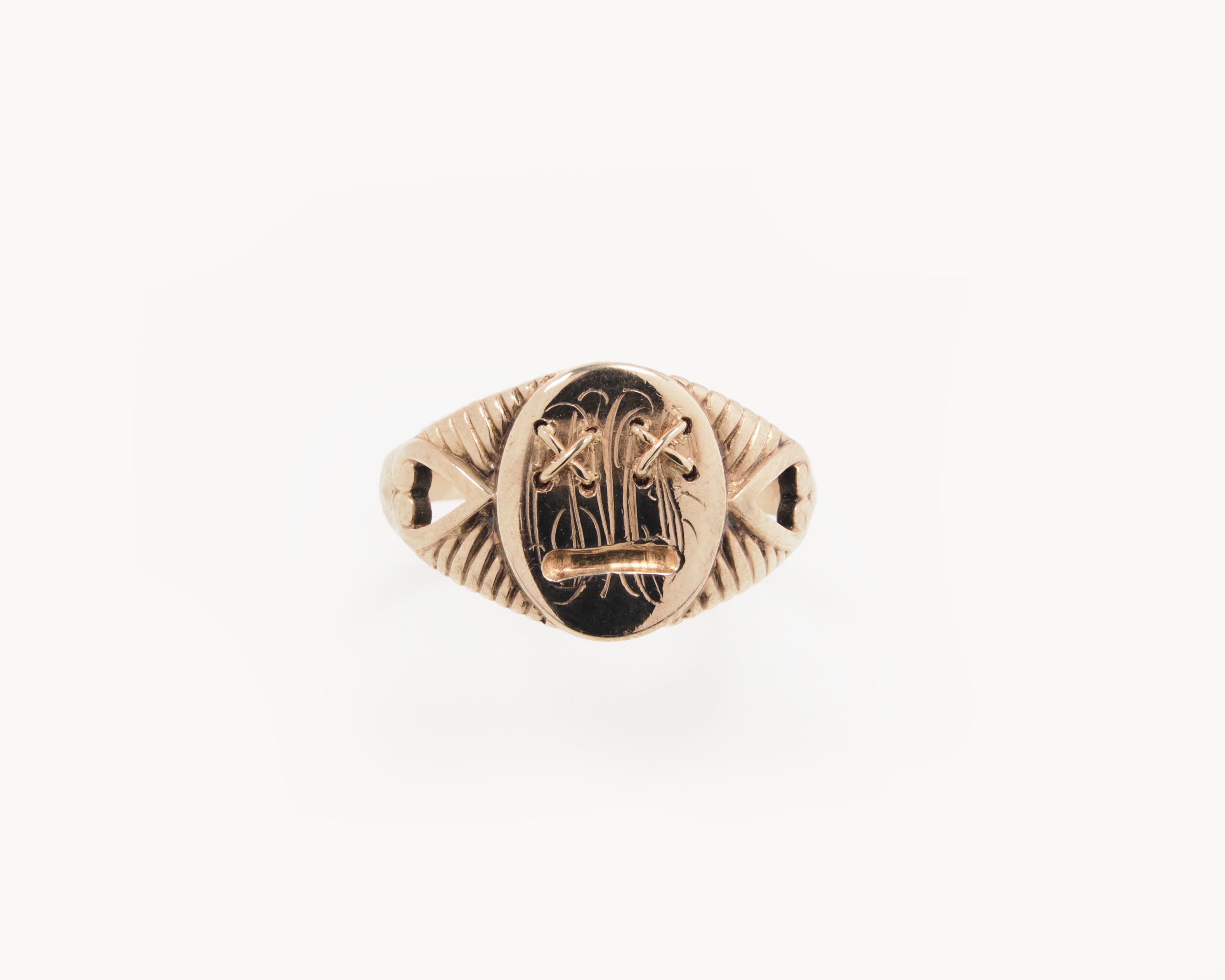 Vintage signet ring reworked with etched face, front view