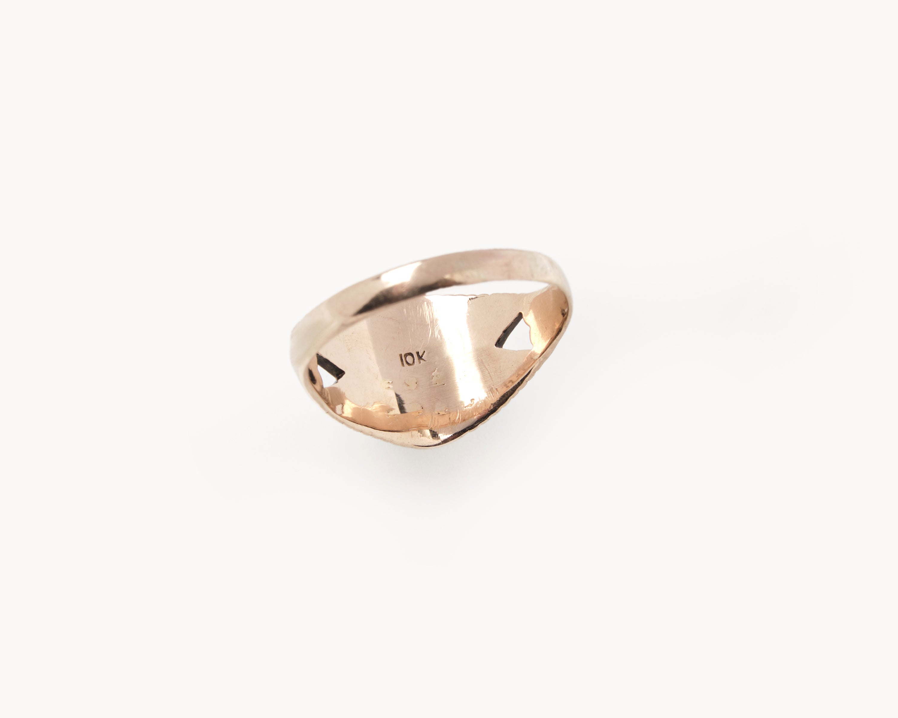 Vintage signet ring reworked with etched face, back view