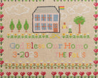 Upcycled framed sampler, close up view 