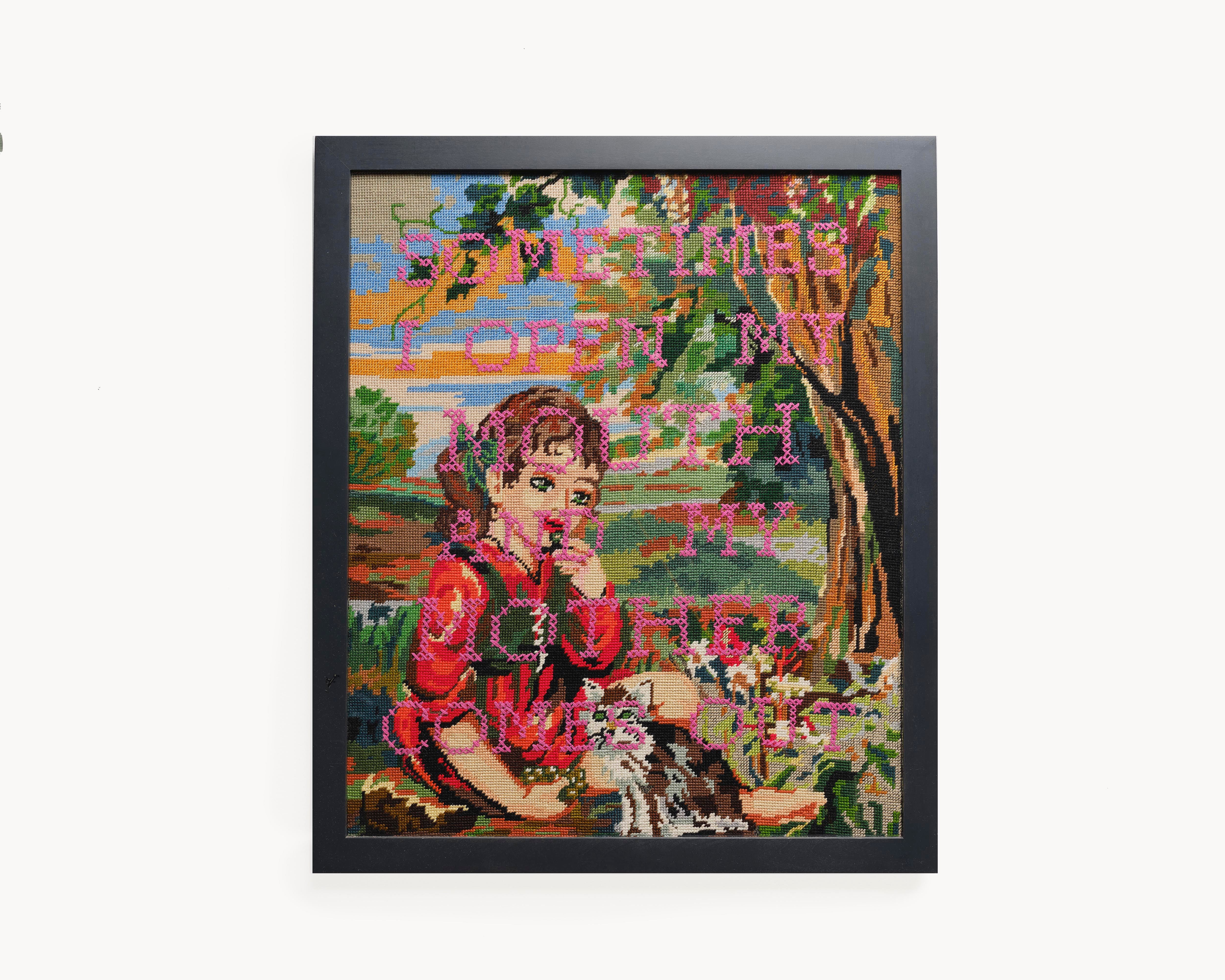 Upcycled framed sampler, front view 