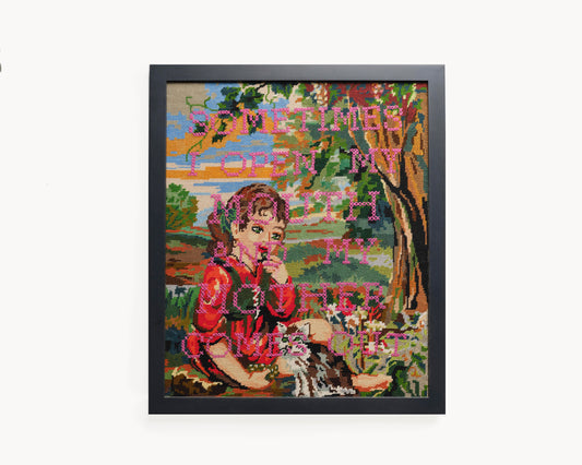 "Sometimes Mother" Girl in Red Dress Reworked Vintage Tapestry