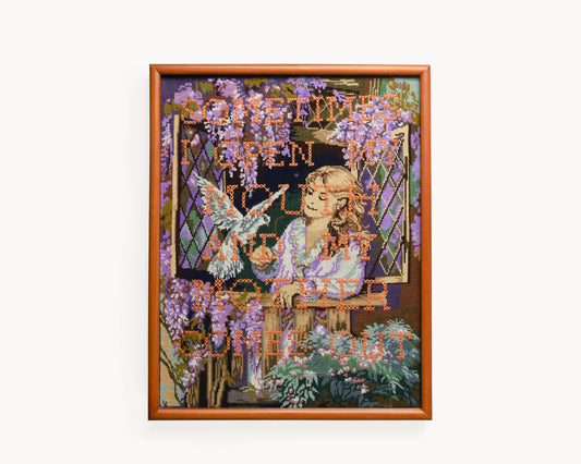"Sometimes Mother" White Dove, Girl and Wisteria Reworked Vintage Tapestry