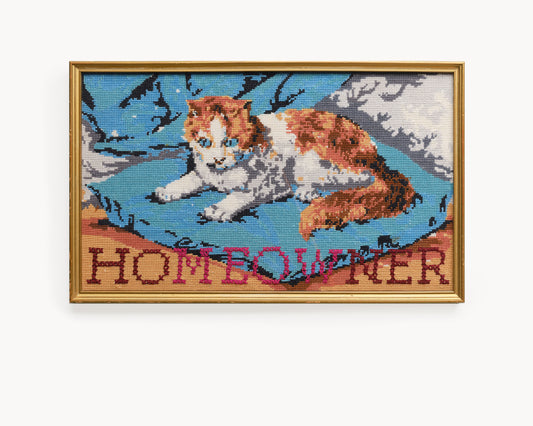 "hoMEOWner" Calico Cat Reworked Vintage Tapestry