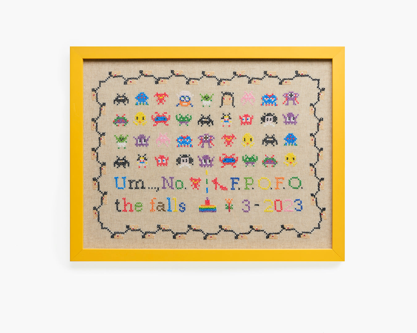 Upcycled framed sampler, front view 