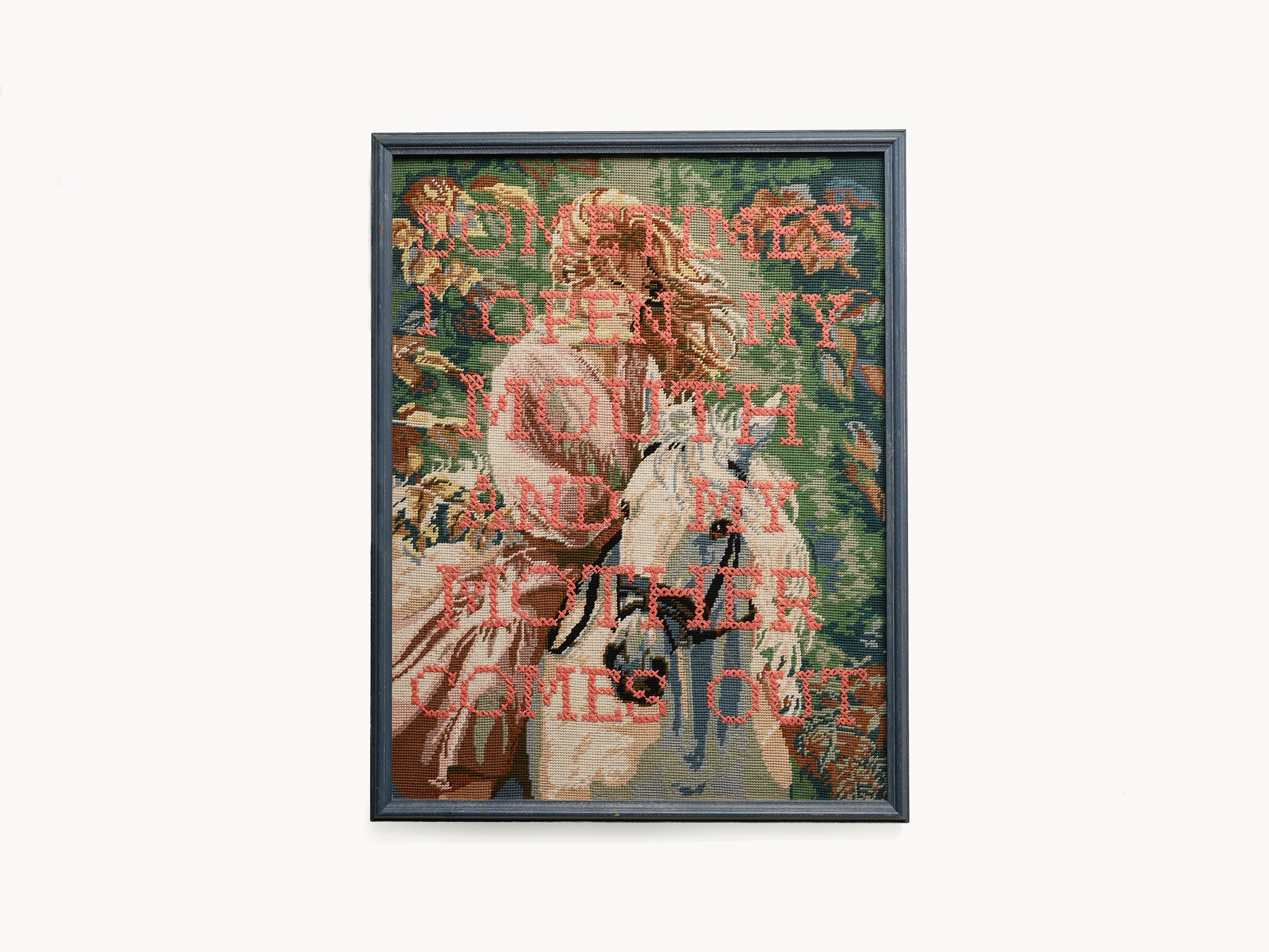 Upcycled framed sampler, front view 