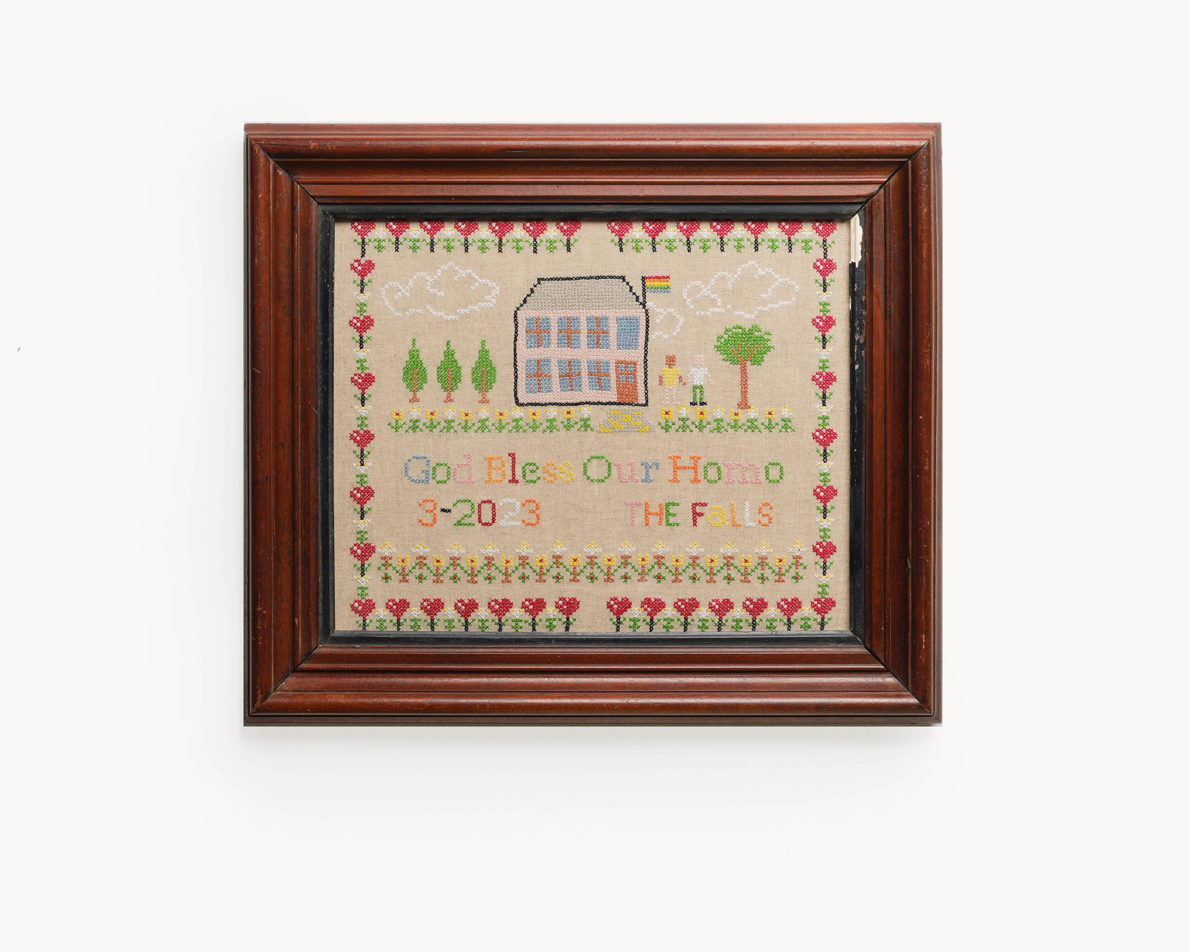 Upcycled framed sampler, front view 