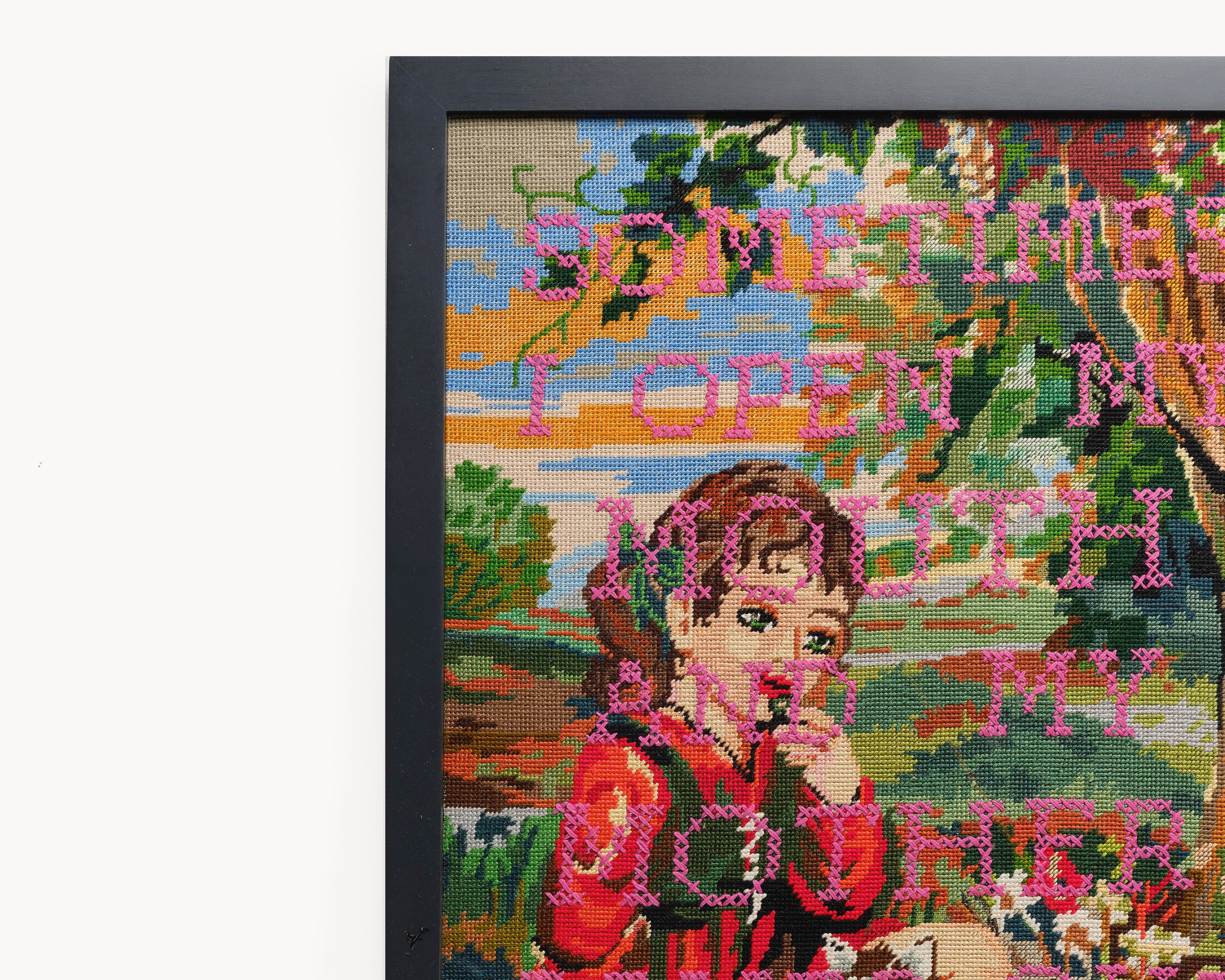 Upcycled framed sampler, close up view 