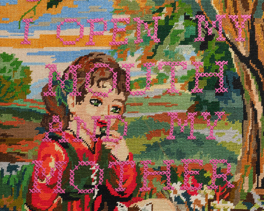 "Sometimes Mother" Girl in Red Dress Reworked Vintage Tapestry