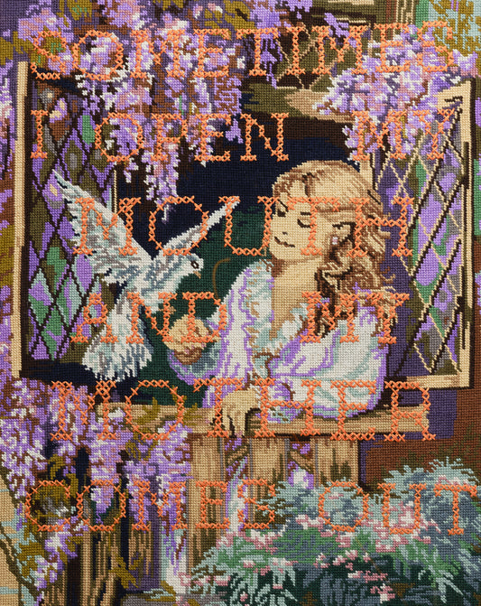 "Sometimes Mother" White Dove, Girl and Wisteria Reworked Vintage Tapestry