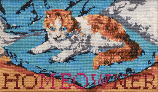 "hoMEOWner" Calico Cat Reworked Vintage Tapestry