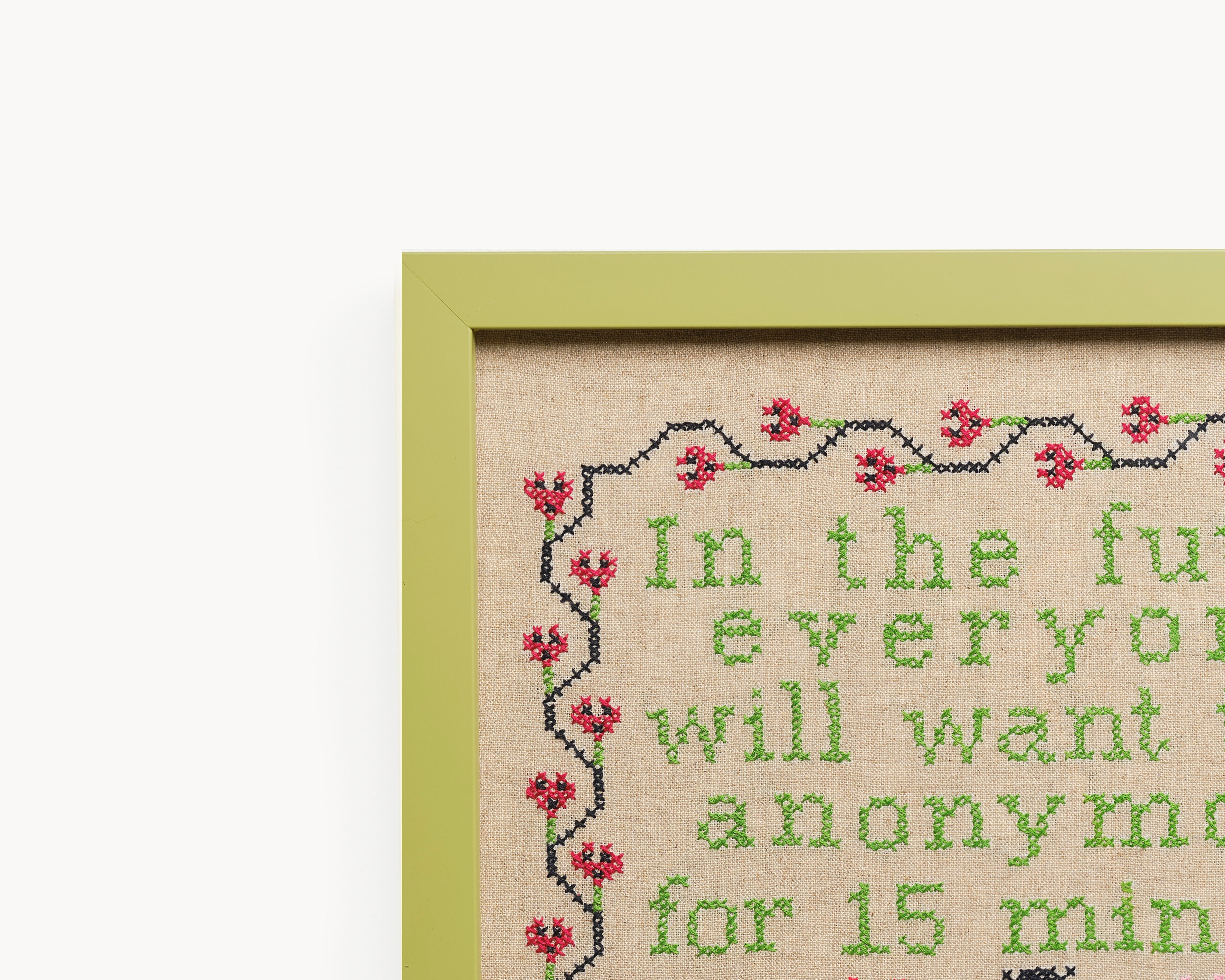 Upcycled framed sampler, close up view 