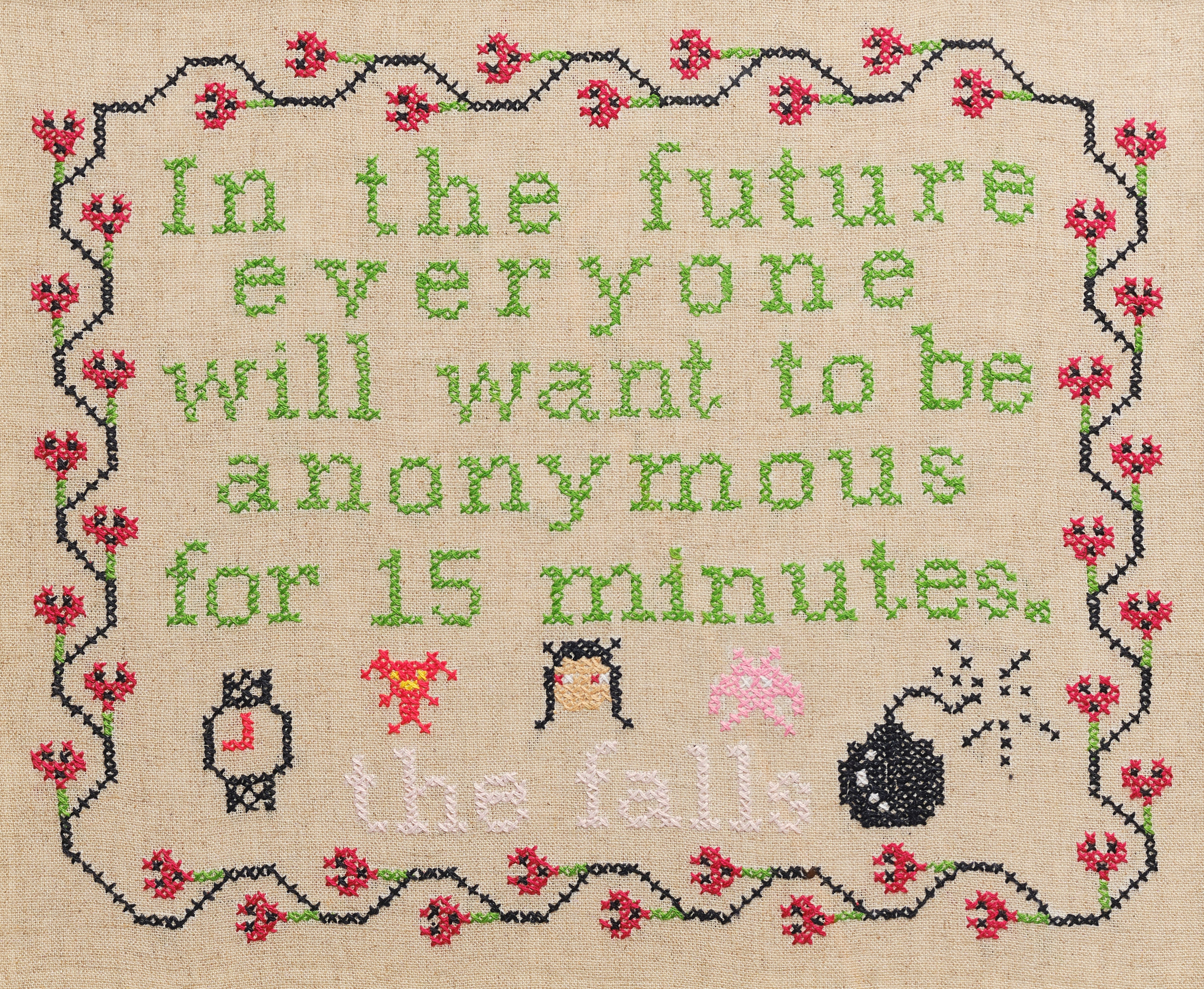 Upcycled framed sampler, close up view 