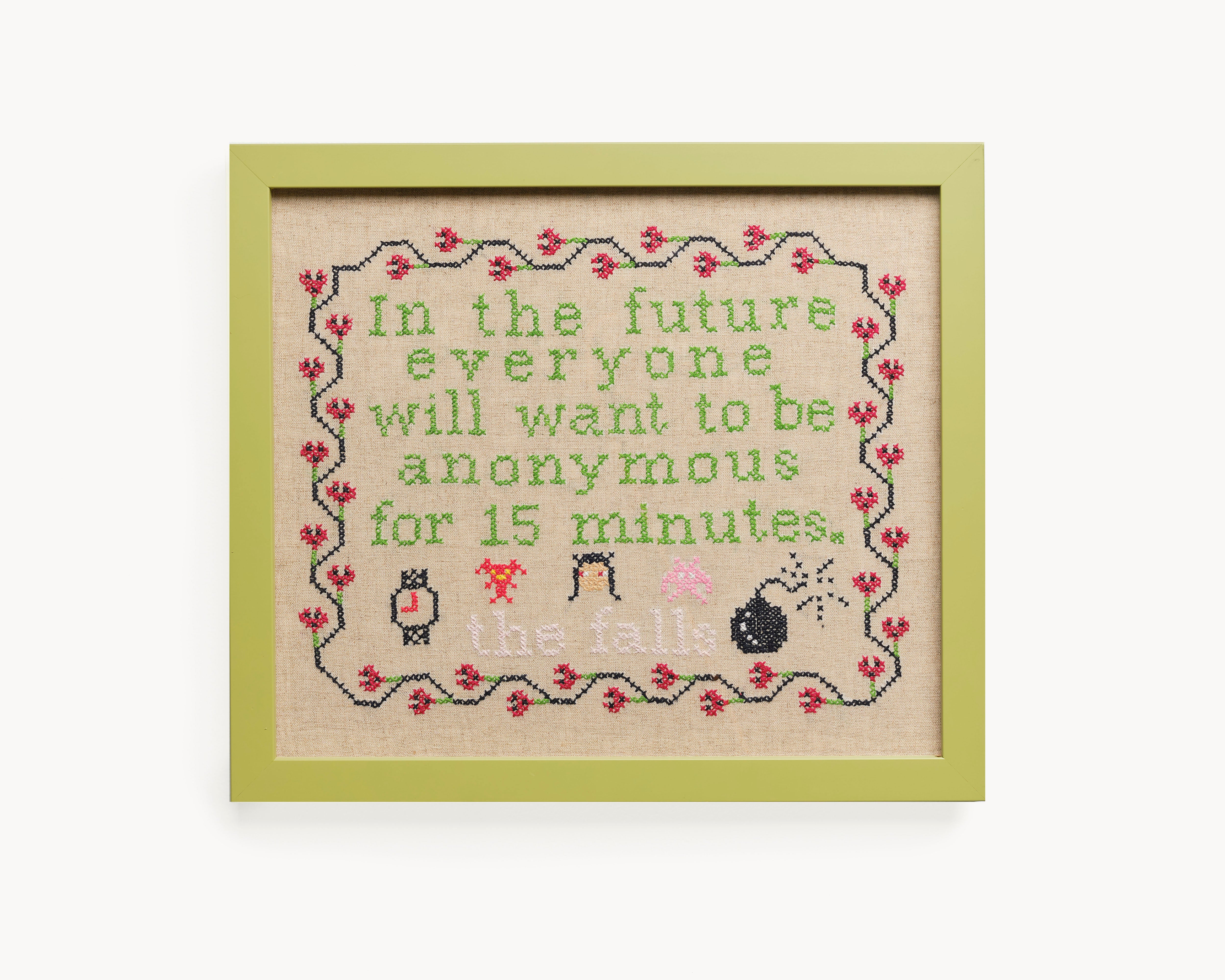 Upcycled framed sampler, front view 