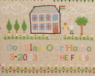 Upcycled framed sampler, close up view 