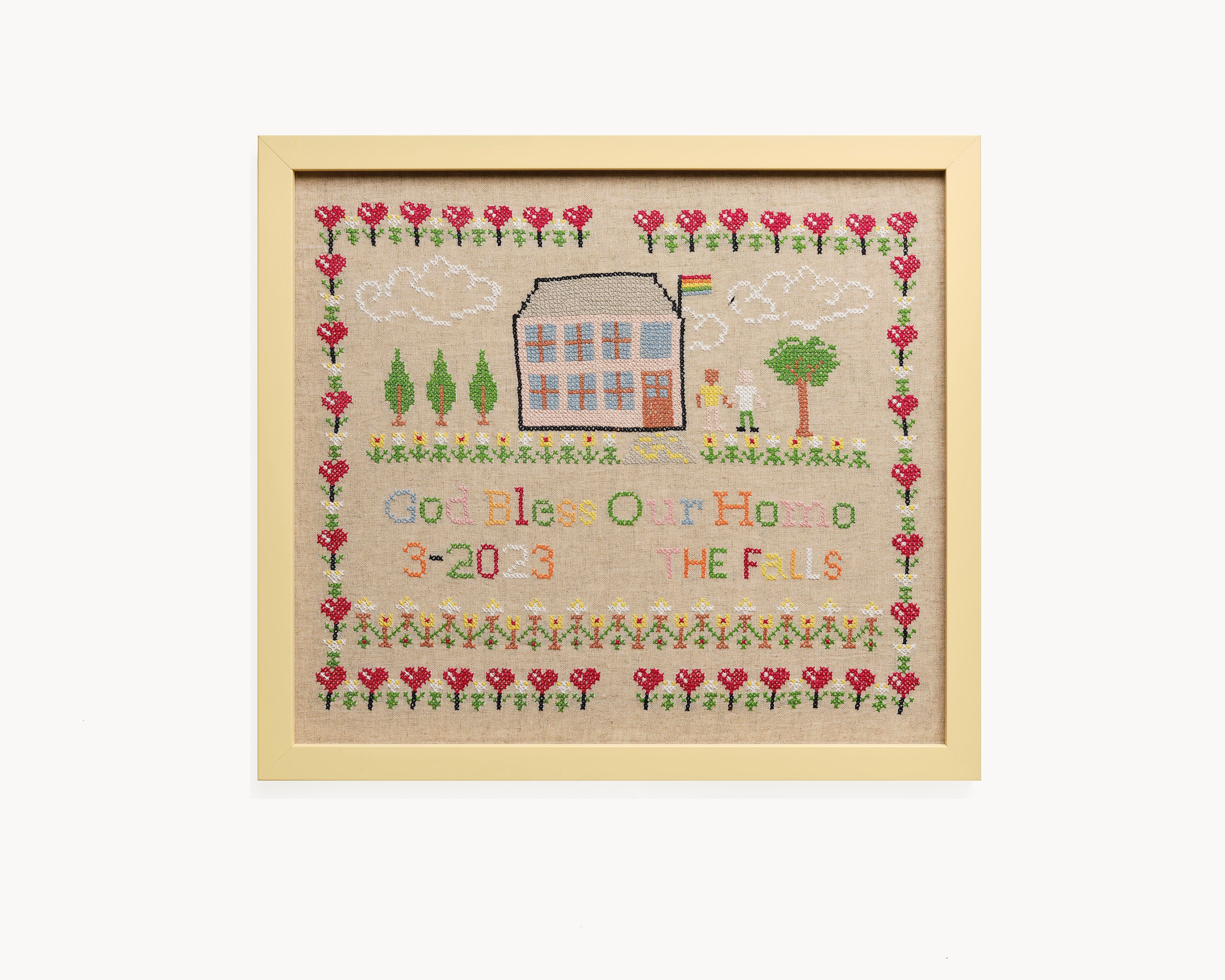 Upcycled framed sampler, front view 