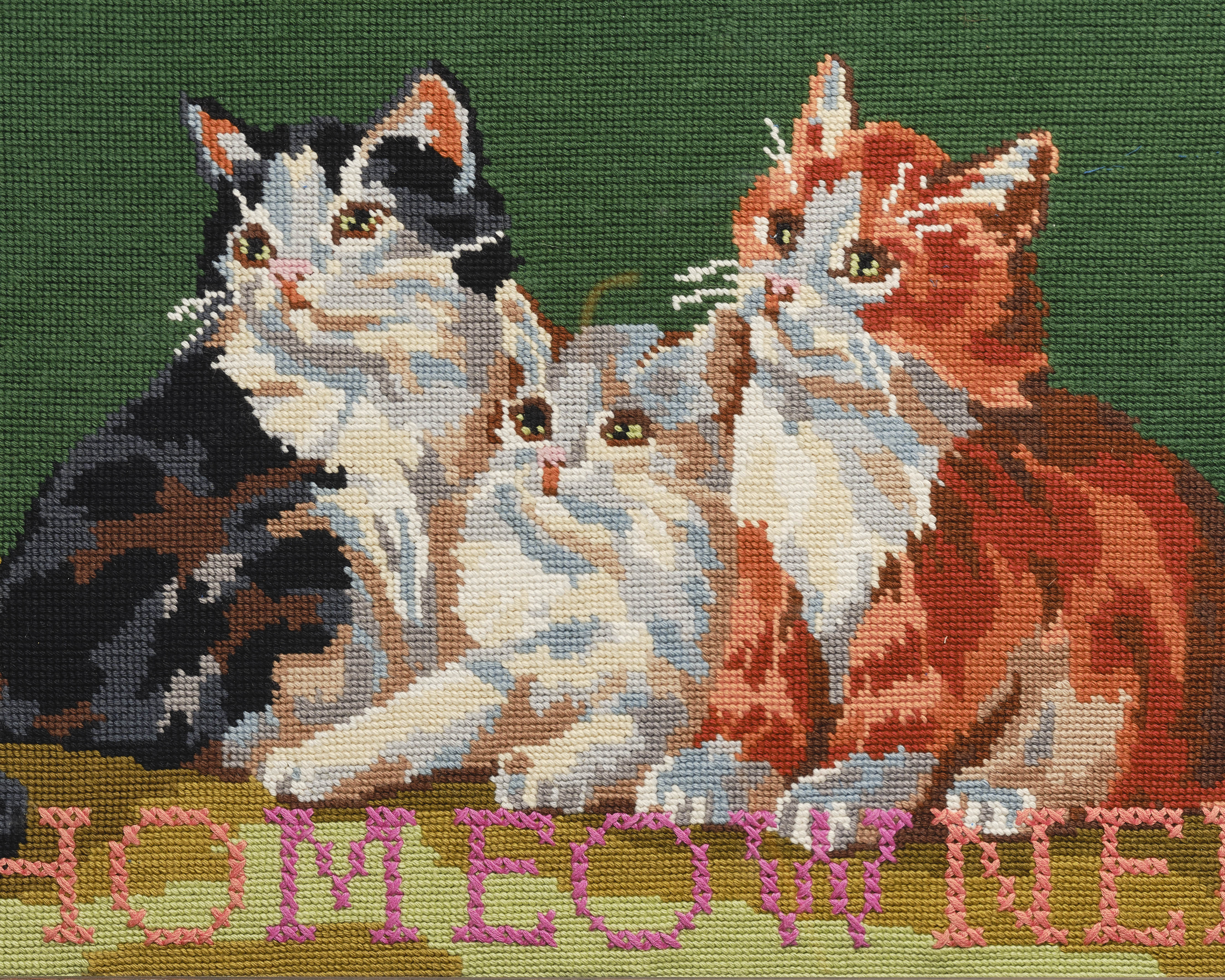 Upcycled framed sampler, close up view 