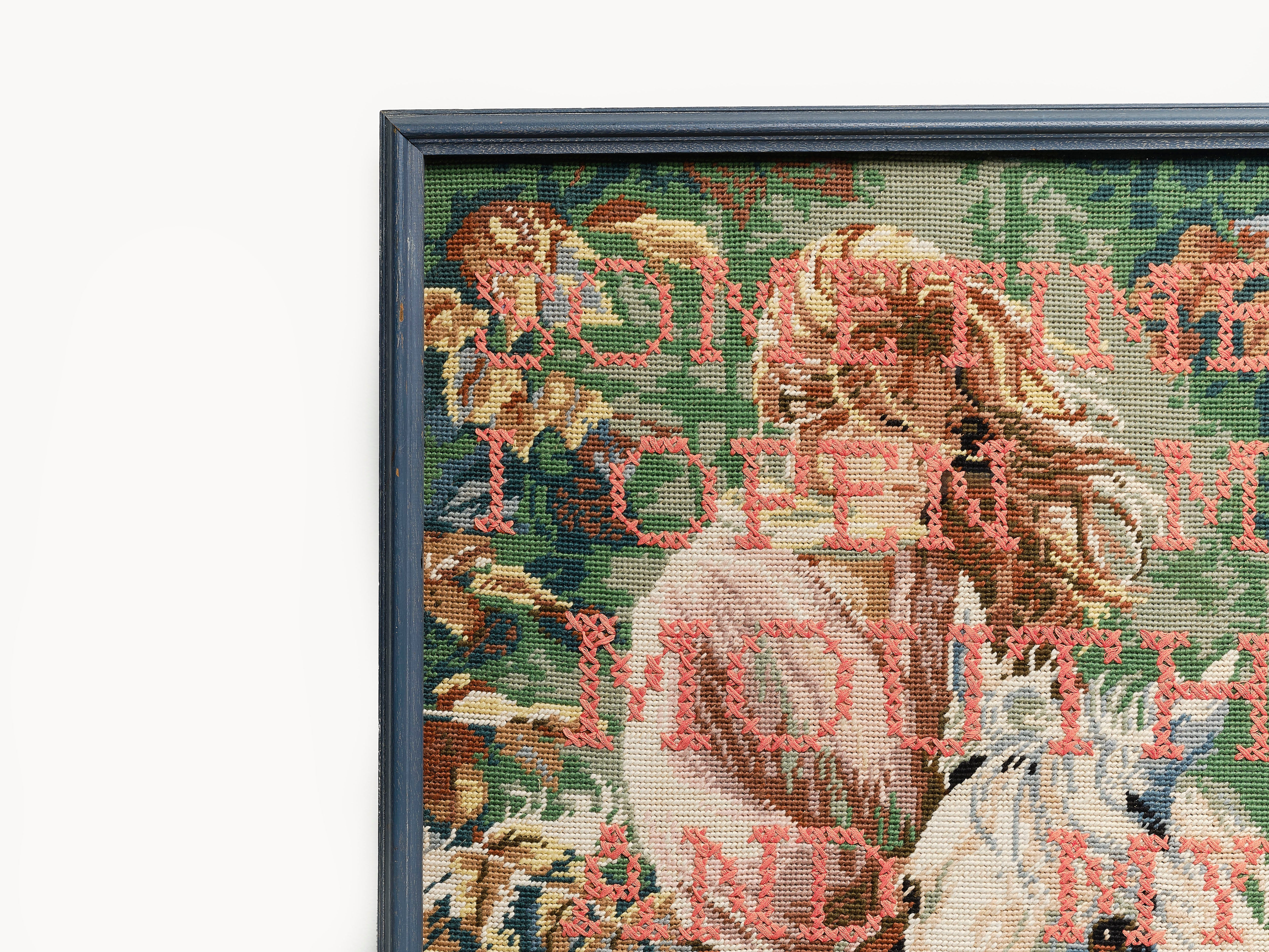 Upcycled framed sampler, close up view 