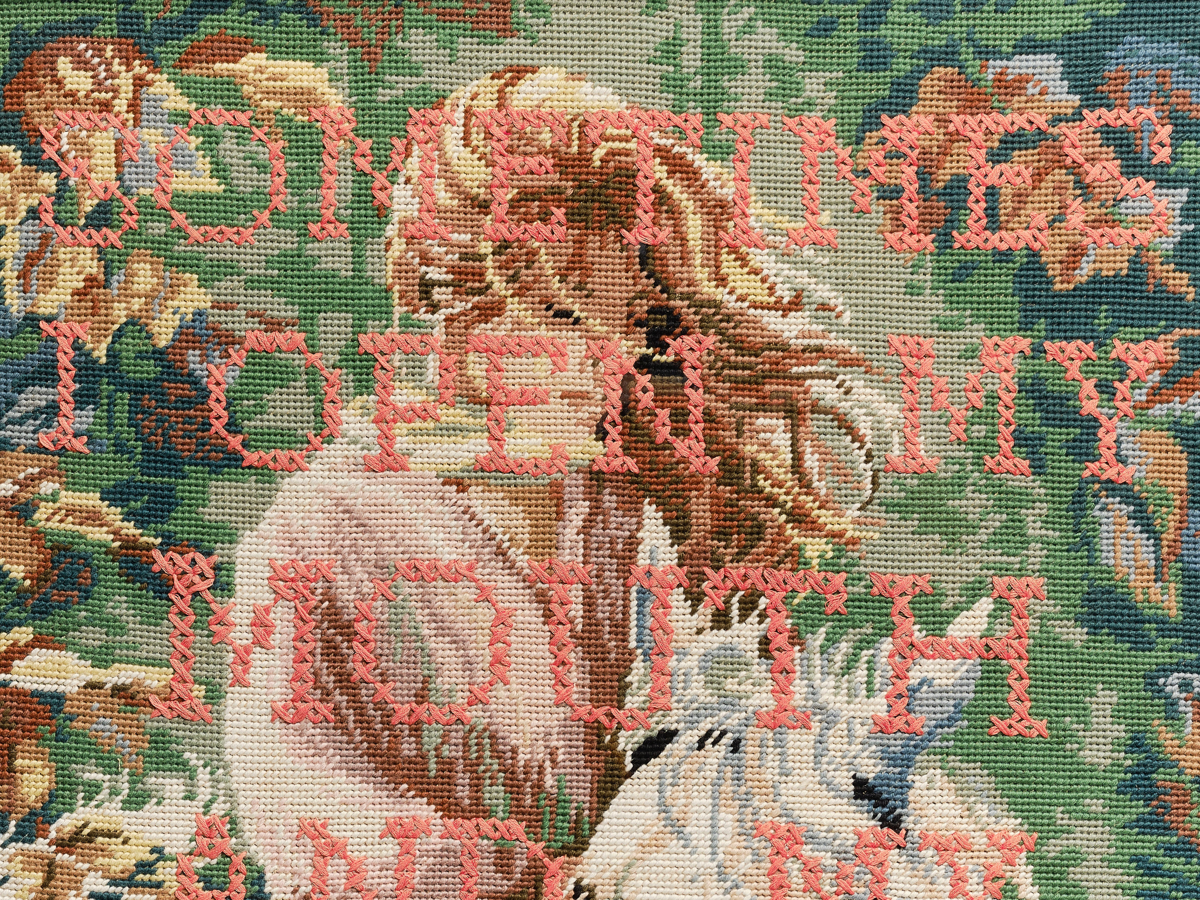 Upcycled framed sampler, close up view 