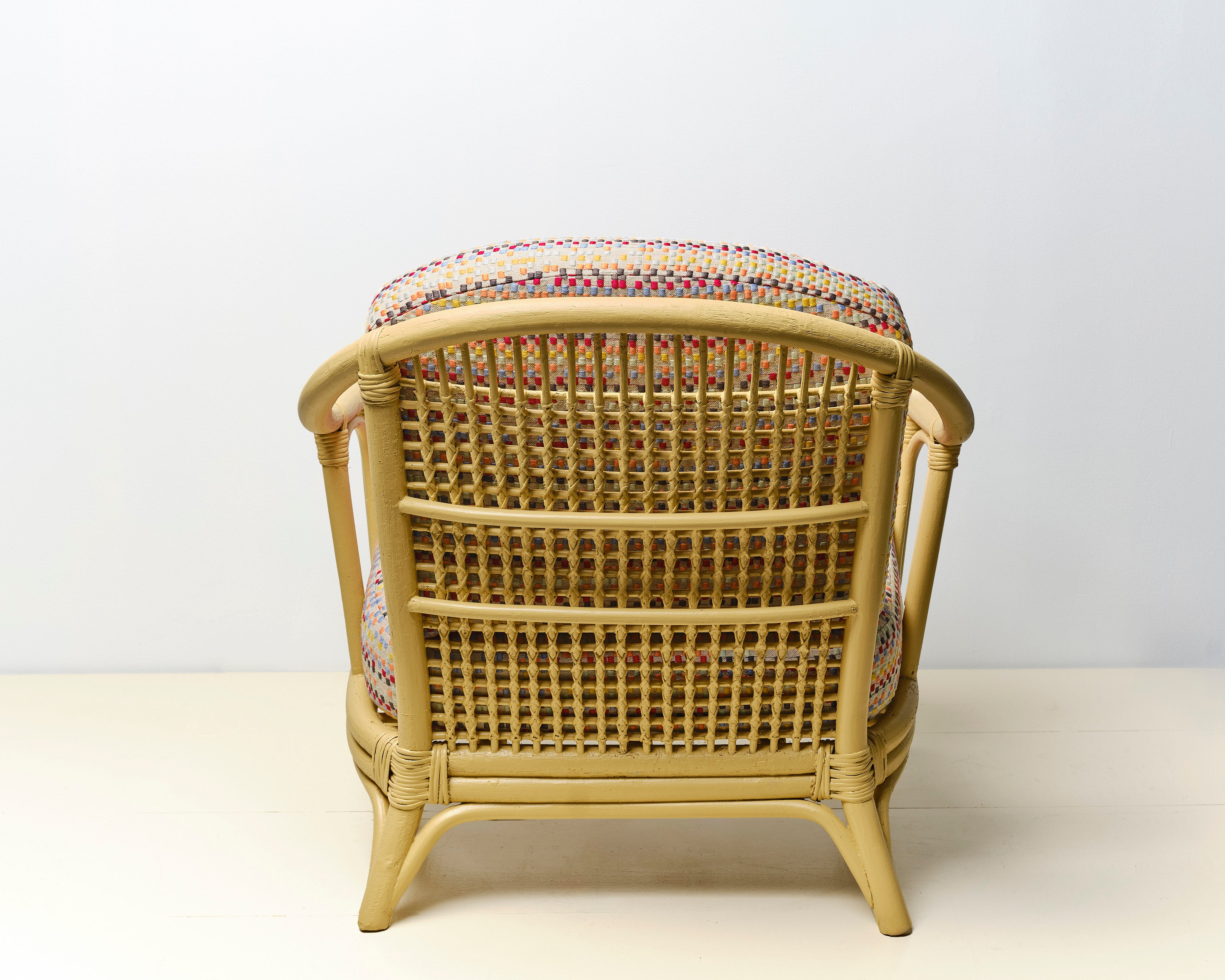 Upcycled chair with tufted and embroidered embellishments, back view 