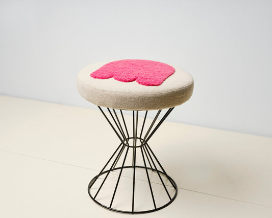 "Ghost Tufted" Round MCM Cage Stool - Raspberry/Natural