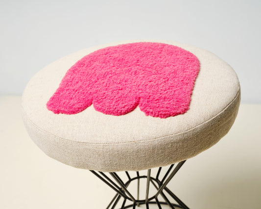"Ghost Tufted" Round MCM Cage Stool - Raspberry/Natural