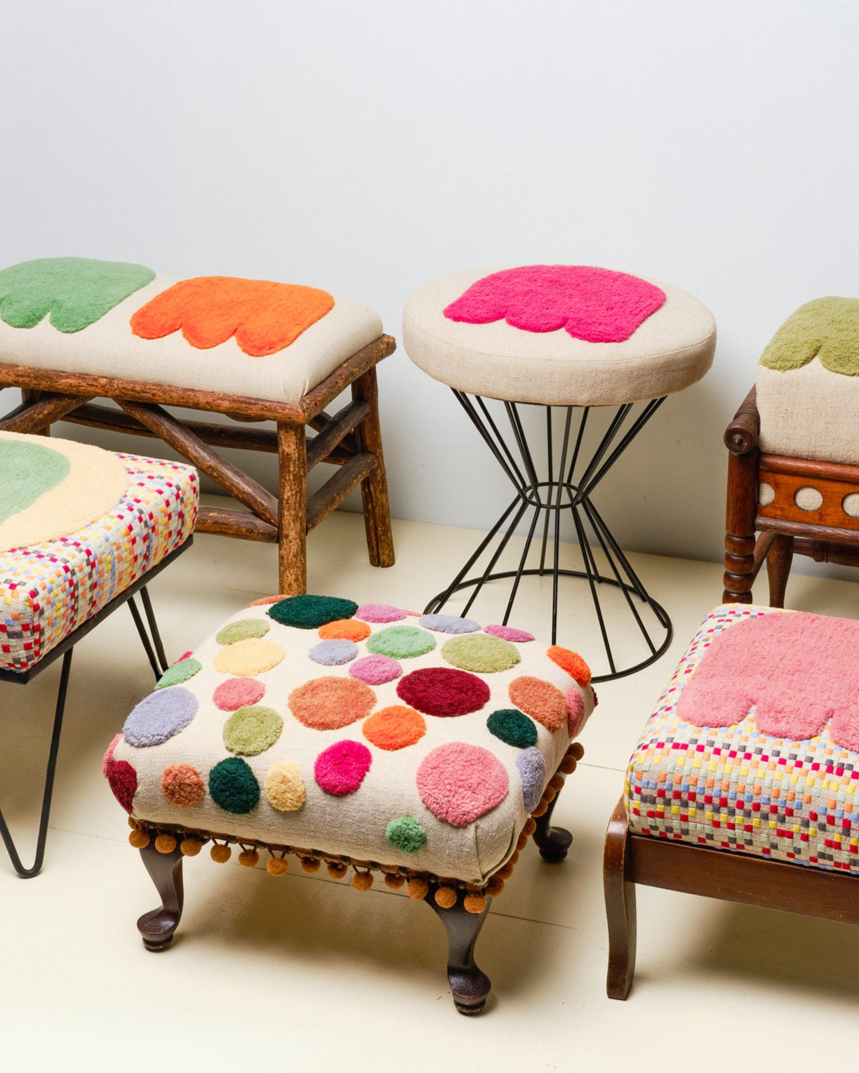 Upcycled stool with tufted embellishments, group view 