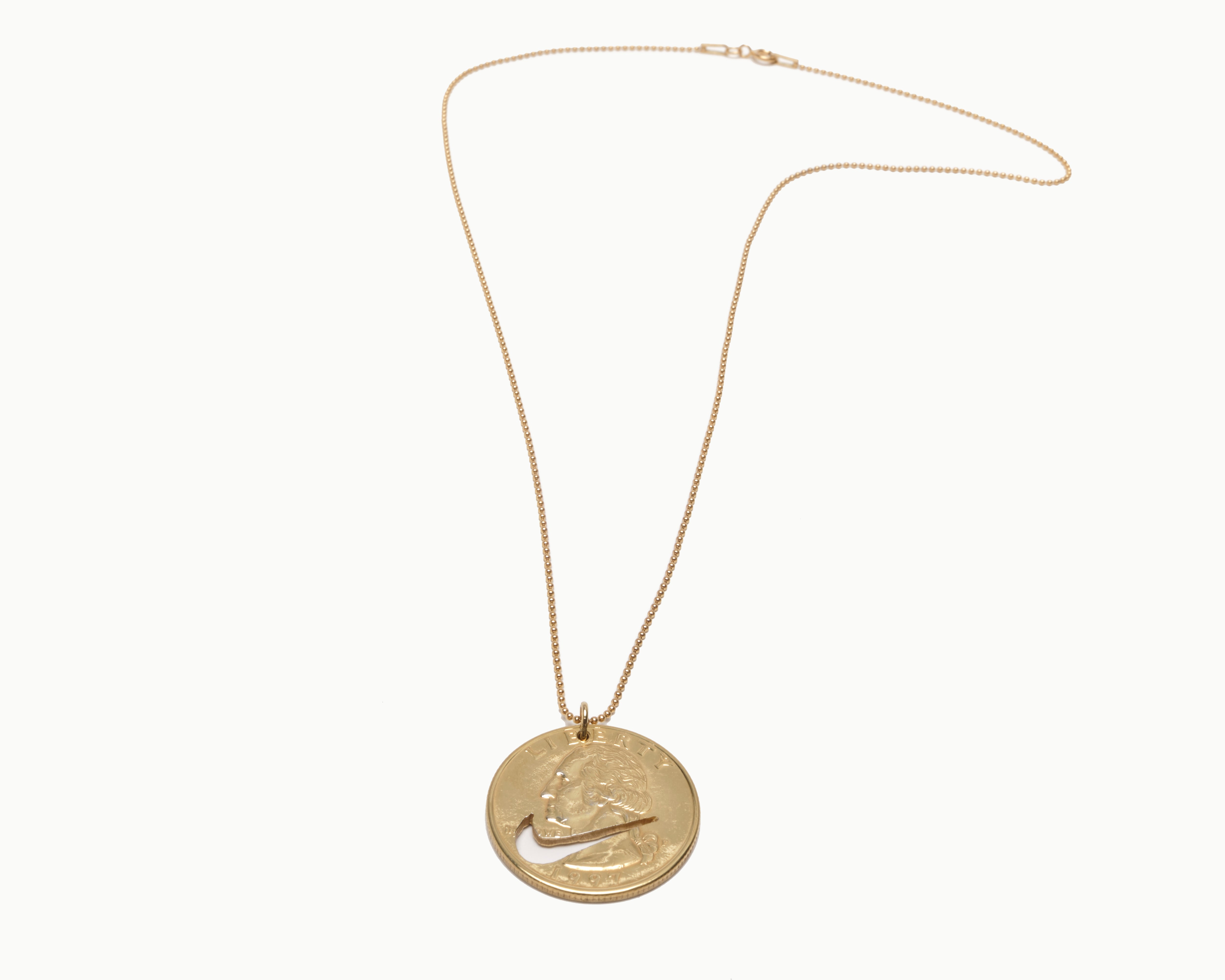 Upcycled necklace with gold plated quarter, whole necklace view  