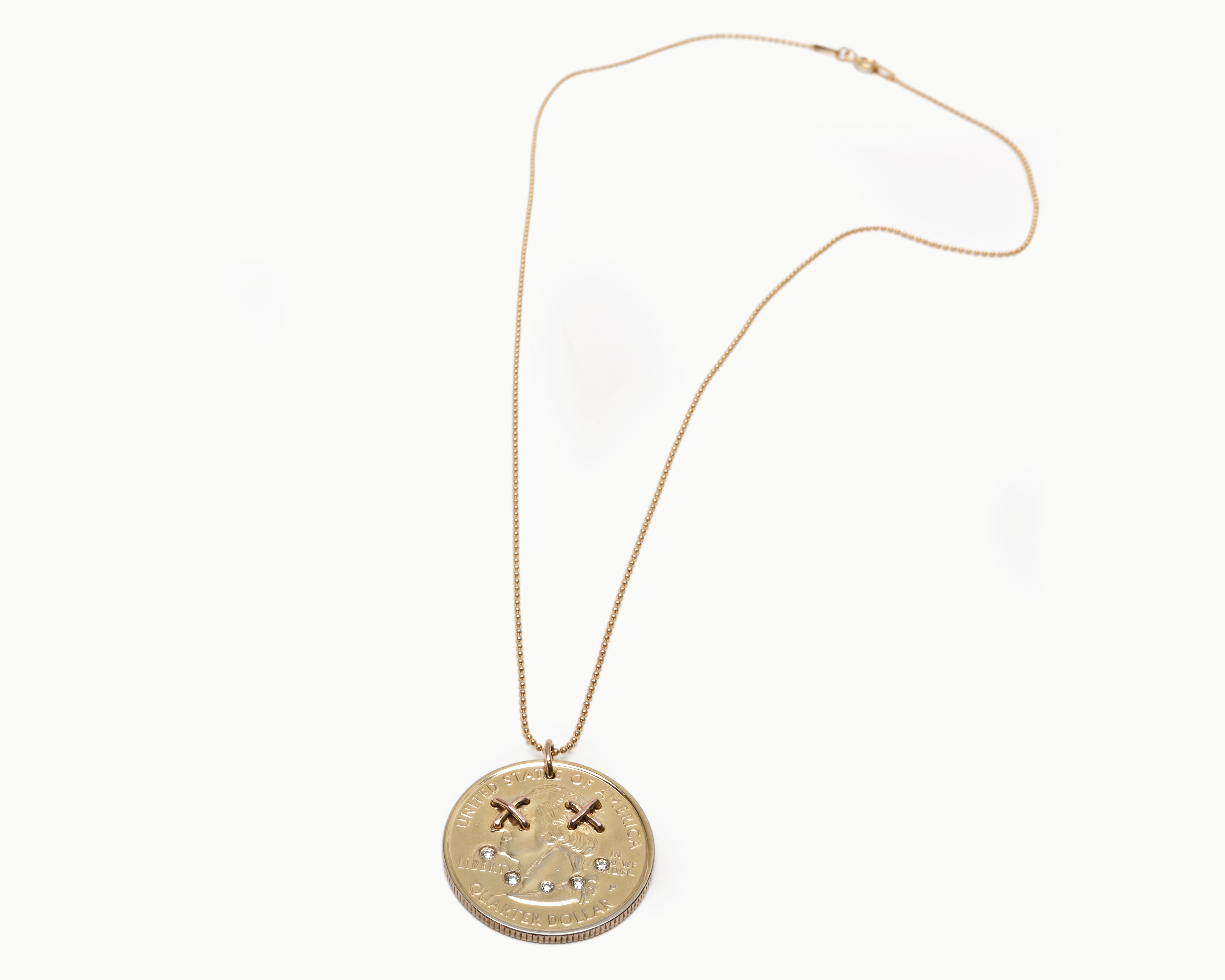 Upcycled necklace with gold plated quarter with diamond smile, full necklace view  