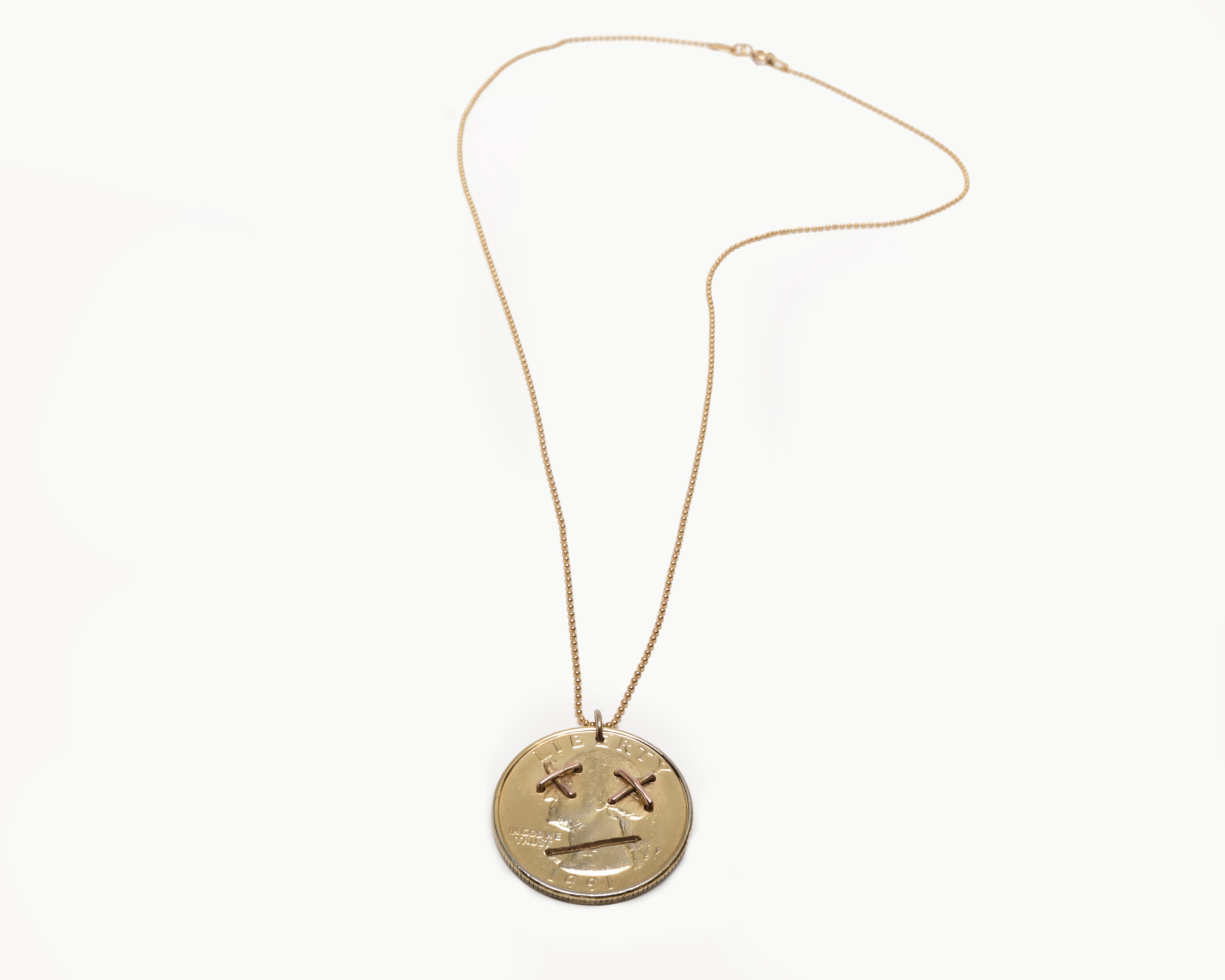 Upcycled necklace with gold plated quarter, full necklace view  