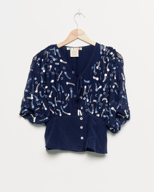 "Whizz Bang" 1 of 1 Hand Embroidered SIlk Top - Blue/White - XS/S