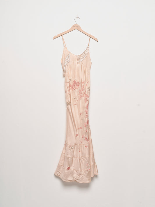 "Falling Roses" 1 of 1 Embroidered Slip Dress with Crystal Beaded Fringe - Peach/Peach
