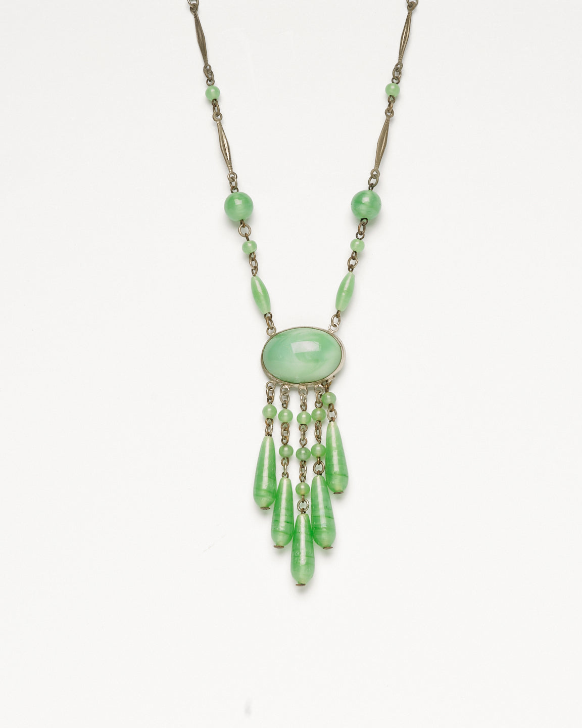 Vintage green beaded necklace, closeup view. 