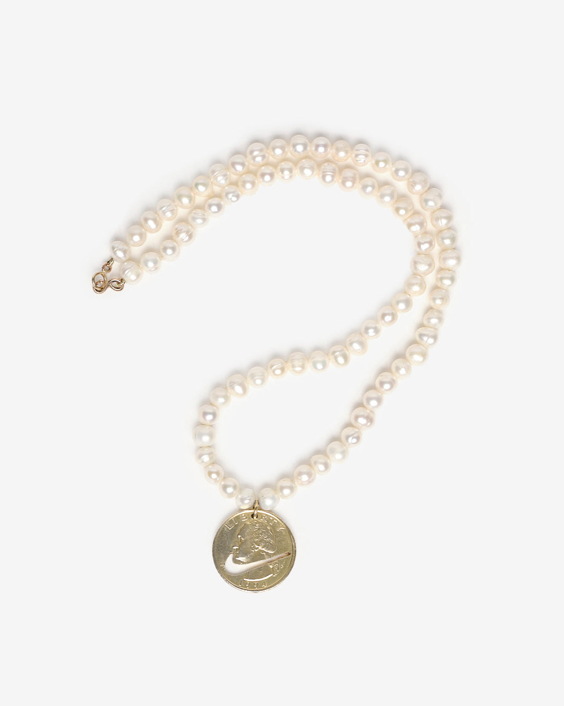 Upcycled necklace with gold plated quarter with pearl strand, whole necklace view  