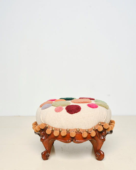 "Mushroom" Antique Carved Wood Floral Stool with Pom Pom Fringe