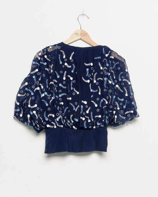 "Whizz Bang" 1 of 1 Hand Embroidered SIlk Top - Blue/White - XS/S