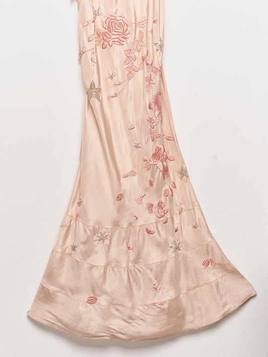 "Falling Roses" 1 of 1 Embroidered Slip Dress with Crystal Beaded Fringe - Peach/Peach