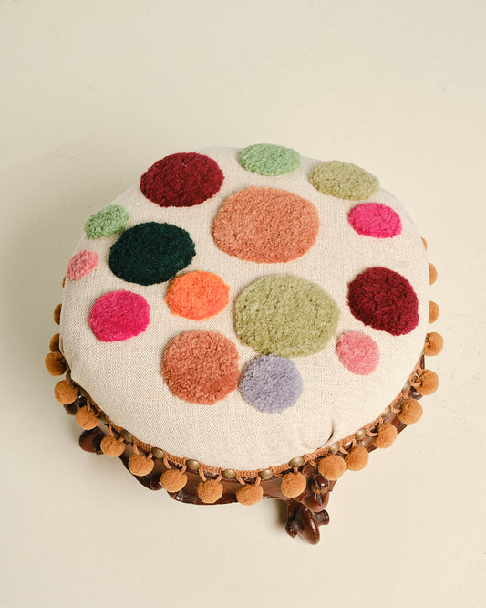 "Mushroom" Antique Carved Wood Floral Stool with Pom Pom Fringe