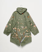 Upcycled parka with floral embroidery, back view. 