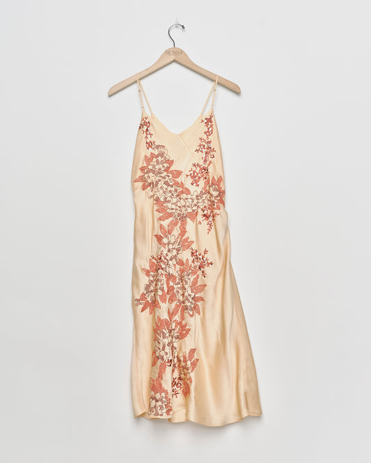"Scratch Floral" Embroidered Bias Cut Silk Satin Slip - Blush/Rust - S/M