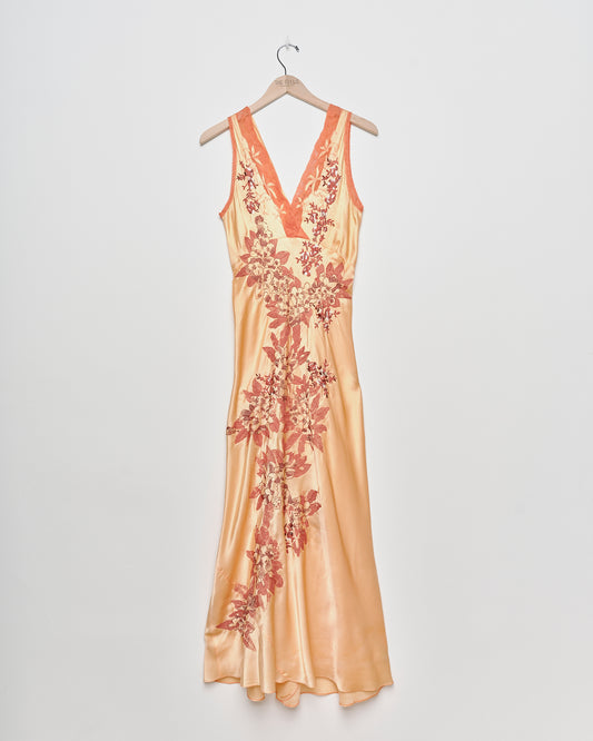 "Scratch Floral" Embroidered Empire Seam Maxi - Sunset Orange/Rust - XS