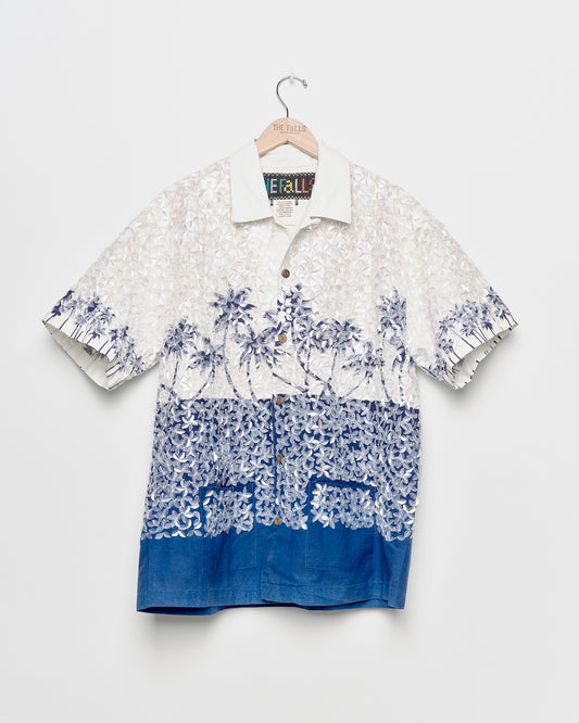 "Sequin Blooms" Hawaiian Shirt - White Palm with Midnight Indigo Silhouette
