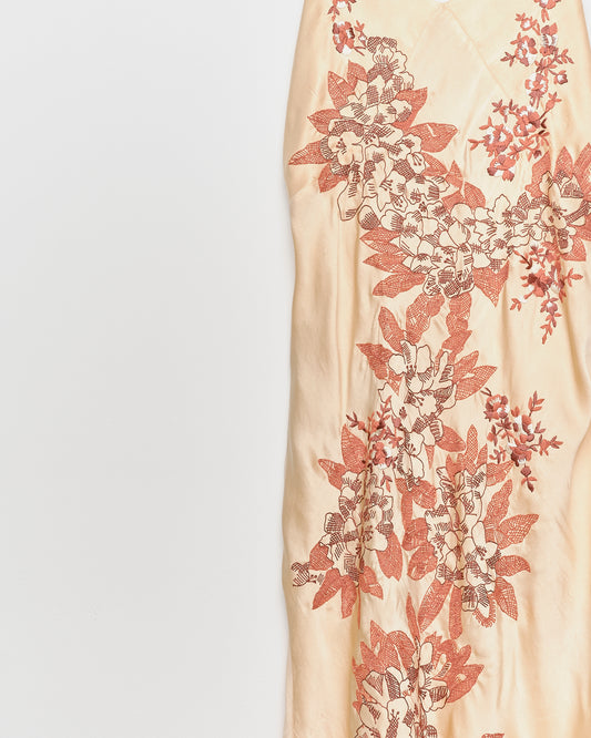 "Scratch Floral" Embroidered Bias Cut Silk Satin Slip - Blush/Rust - S/M