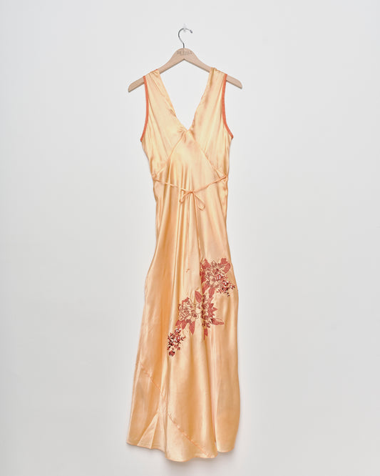 "Scratch Floral" Embroidered Empire Seam Maxi - Sunset Orange/Rust - XS