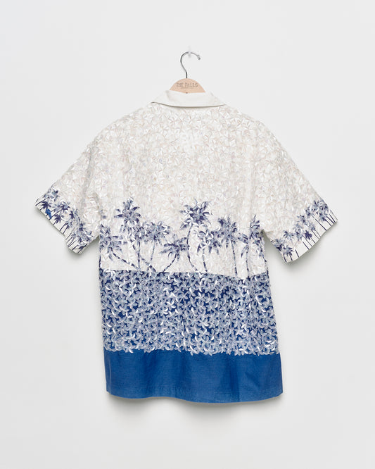 "Sequin Blooms" Hawaiian Shirt - White Palm with Midnight Indigo Silhouette